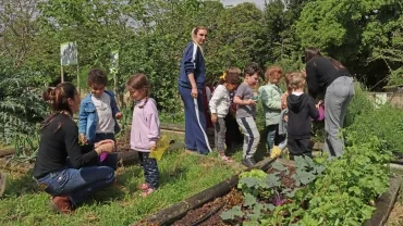 un groupe d'enfants et leurs animatrices cueillent des herbes aromatiques