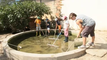 Un animateur et six enfants équipés de bottes sont dans la mare avec des balais pour la nettoyer