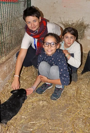 Deux enfants et leur animatrice caressent un lapin dans un enclos