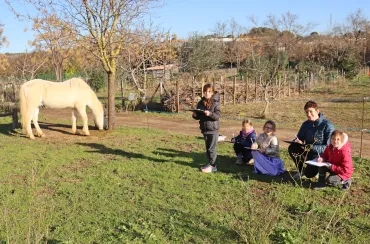 un groupe d'enfants et leur animateur sont assis dans l'herbe devant un cheval