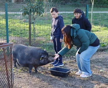 deux enfant et leur animatrice sont devant un cochon