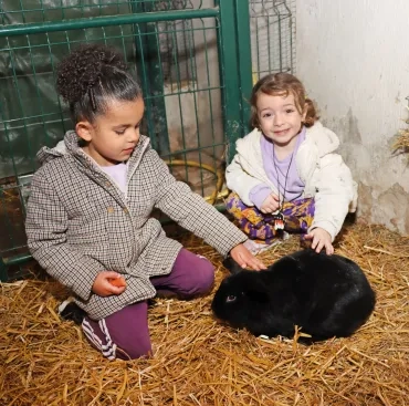 Deux enfants caressent un lapin