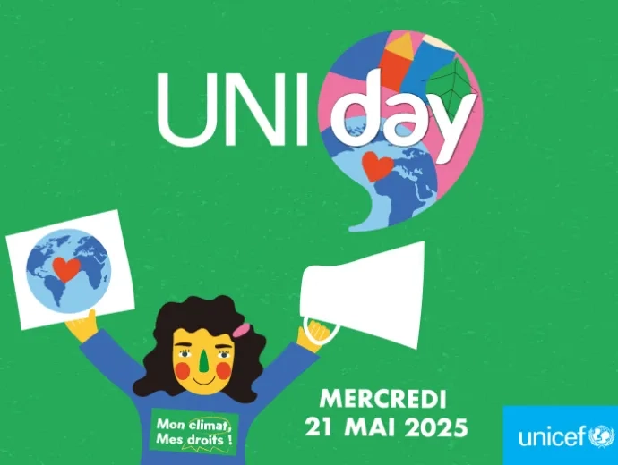 Affiche uniday avec un fond vert et un dessin d'une enfant qui tient un mégaphone et la planète
