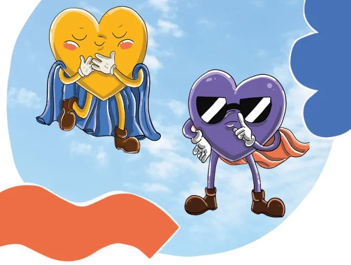 deux coeurs dans les nuages un qui pointe du doigt l'autre qui serre ses mains contre lui 