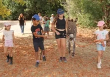 un groupe d'enfant tient un âne en longe