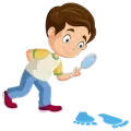 Illustration d'un enfant observant des traces d'eau en forme de pied avec une loupe