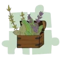 Illustration d'une malle en bois contenant des plantes aromatiques avec des pièces de puzzle vertes