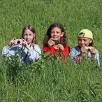 Un groupe d'enfants sont dans les herbes hautes avec des appareils photos à la main
