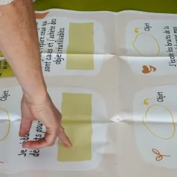 une main pointe sur une grande feuille avec une énigme