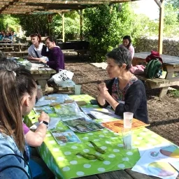 des adultes font plusieurs activités en extérieur sur des tables