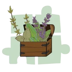 Illustration d'une malle en bois contenant des plantes aromatiques avec des pièces de puzzle vertes